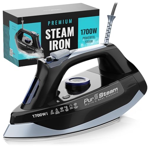 PurSteam Steam Iron for Clothes 1700W with Self-Cleaning Nonstick Stainless Steel Soleplate, Auto Shutoff, Anti-Drip