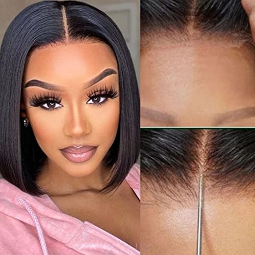 Beauty Forever Put on and Go Glueless Bob Wigs 6X4.5inch Lace Front Human Hair Wig Pre Plucked,Pre Cut Lace Straight Bob Lace Closure Wig 150% Density Natural Color 10 Inch