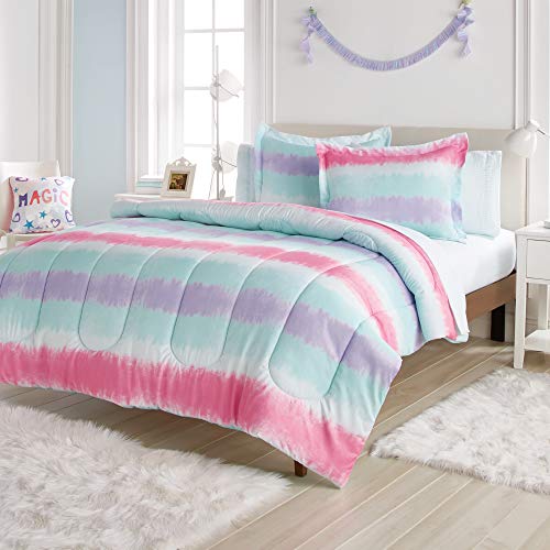 dream FACTORY Tie Dye Stripe 5-Piece Microfiber Bag Comforter Bedding Set Super Soft-Twin, Purple Multi,2D871601MU
