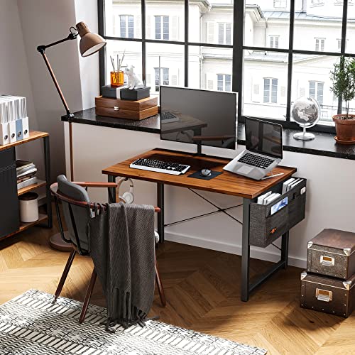ODK Study Computer Desk 40 inch Home Office Writing Small Desk, Modern Simple Style PC Table with Storage Bag and Headphone Hook, Deep Brown