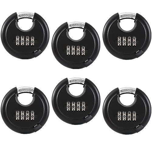 6 Pack Stainless Steel Discus Padlock 4 Digit (3inch) Combination Lock Outdoor for Warehouse, Sheds, Storage Locker, Units (Black,6 Pack)