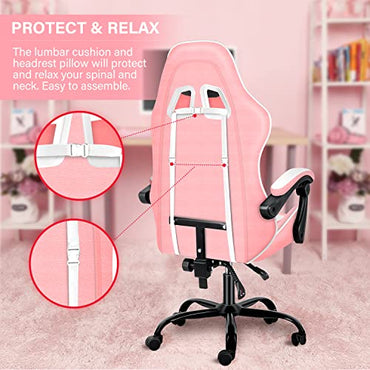 Pink Gaming Chair, Big and Tall Gamer Chair, Racing Style Adjustable Swivel Office Chair, Ergonomic Video Game Chairs with Headrest and Lumbar Support