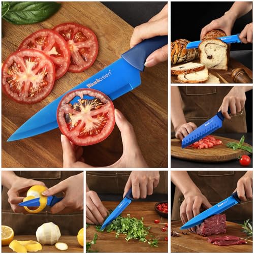 Wanbasion Blue Professional Kitchen Knife Chef Set, Stainless Steel, Dishwasher Safe with Sheathes