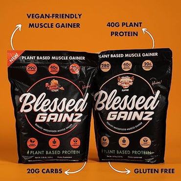 BLESSED Gainz Vegan Protein Powder Mass Gainer - 40g Plant Based Protein Powder - Meal Replacement Shake with Pea Protein Powder - Vegan Protein Shake - 40 Servings (Vanilla Cinnamon Swirl)