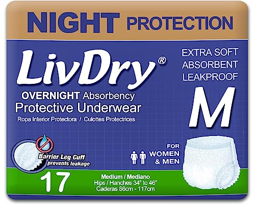 LivDry Adult M Incontinence Underwear, Overnight Comfort Absorbency, Leak Protection, Medium, 17-Pack