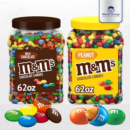 M&M's Chocolate Peanut Jar and M&M's Milk Chocolate Jar - 62oz each (Pack of 2) - Candy Bulk Plastic Jar - Pantry Size - By World Group Packing Solutions