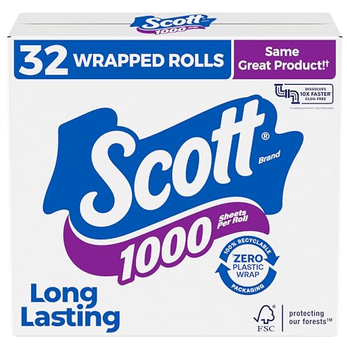 Scott 1000 Toilet Paper, 32 Rolls, Septic-Safe, 1-Ply Toilet Tissue