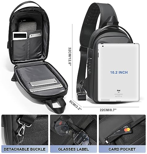 FENRUIEN Anti-Theft Crossbody Sling Backpack Bag for Men&Women Hard Shell with USB, Shoulder Pack Lock Waterproof 10.2 inch Single Strap for Travel Hiking Daily