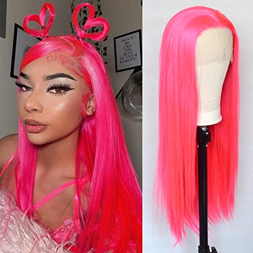 Luwigs Hot Pink Lace Front Wigs Synthetic Silky Straight Hair Replacement Wigs Heat Resistant for Women 22inch Natural Hairline