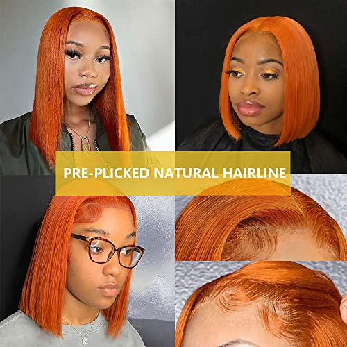 SFD Ginger Bob Wig Human Hair Lace Front 13x4 HD Transparent Lace Frontal Human Hair Ginger Orange Bob Lace Front Wigs Human Hair 150% Density Brazilian Hair For Black Women（Color Bob wig 8 Inch）