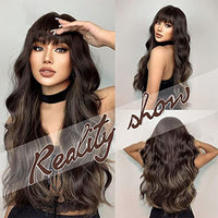 Long Brown Blonde Wig with Bangs for women Long Wavy Brown Highlights Curly Wigs Natural Looking Premium Protein Fiber Hair Replacement Wigs Cosplay Costume Halloween Wigs(26'' Brown Mixed Blonde)