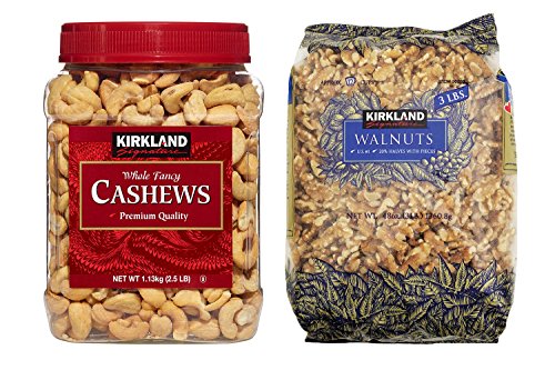 Kirkland Signature Cashews and Walnuts Bundle - Includes Kirkland Signature Whole Fancy Cashews (2.5 LB) and Walnuts (3.0 LB)