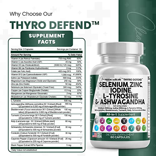 Selenium 300mcg Zinc 50mg Iodine 500mcg L Tyrosine 500mg Ashwagandha 6000mg - Thyroid Support Supplement for Women and Men with Bladderwrack, Turmeric, Kelp, Schisandra - Made in USA 60 Caps