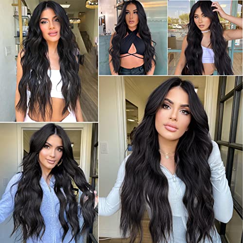 AISI QUEENS Long Black Wavy Wigs for Women Middle Part Curly Black Wig Natural Looking Synthetic Heat Resistant Fiber Wigs Hair Replacement Wigs for Daily Party Use Wig