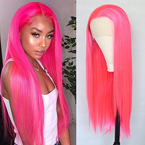 Luwigs Hot Pink Lace Front Wigs Synthetic Silky Straight Hair Replacement Wigs Heat Resistant for Women 22inch Natural Hairline