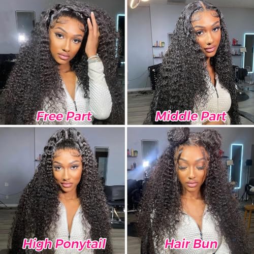 Pizazz 13x4 Human Hair Lace Front Wigs for Black Women Glueless 180 Density HD Transparent Deep Wave Frontal wig with Baby Hair Pre Plucked Bleached Knots(14 Inch, Black color)