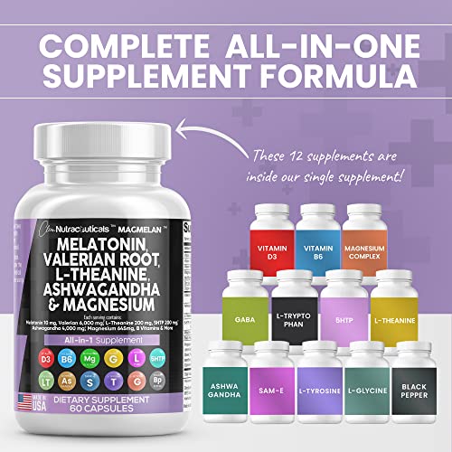 Melatonin 10mg Valerian Root 6000mg L Theanine 200mg Ashwagandha 4000mg - Sleep Support for Women and Men with Magnesium Complex, Lemon Balm, Chamomile, and Passion Flower - Made in USA 60 Caps