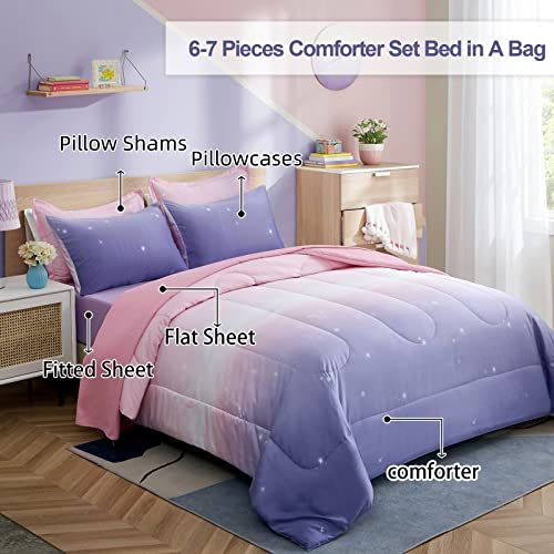 Girls Comforter Set Twin Size 6 Pieces Bed in A Bag Colorful Ombre Pink Purple Rainbow Bedding Set for Kids Teen (1 Comforter, 1 Flat Sheet, 1 Fitted Sheet, 1 Pillow sham, 2 Pillowcases)