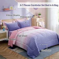 Girls Comforter Set Twin Size 6 Pieces Bed in A Bag Colorful Ombre Pink Purple Rainbow Bedding Set for Kids Teen (1 Comforter, 1 Flat Sheet, 1 Fitted Sheet, 1 Pillow sham, 2 Pillowcases)