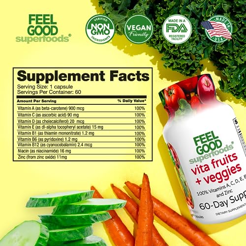 FeelGood Superfoods Vita Fruits and Veggies Dietary Supplement Capsules Made from 25 Superfood Ingredients, Fruit and Vegetable Multivitamin, 60 Count