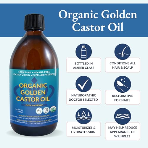 QUEEN OF THE THRONES Organic Golden Castor Oil - 500mL (16.9oz) | 100% Pure & Expeller Pressed for Hair, Skin & Digestion | Hexane Free | USDA Certified