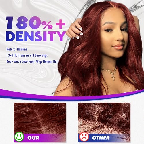 13x4 Body Wave Lace Front Wigs Human Hair 180% Density Reddish Brown Wig Transparent HD Lace Wigs Human Hair Pre Plucked With Baby Hair For Black Women Glueless Wigs Human Hair 22 inch