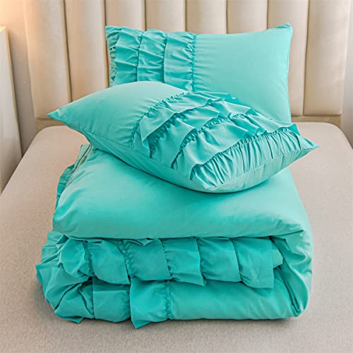 Holawakaka Aqua Waterfall Ruffle Comforter Set Queen Size Multi-Layers Ruffled Shabby Chic 3PCS Bedding Set for Girls Women