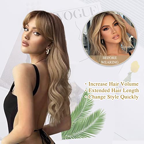 Lativ Blonde Wig With Bangs Long Wavy Curly Ombre Wig with Dark Root Synthetic Heat Resistant Wigs for Women Daily Party Use 26 Inches