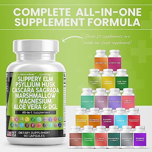 Slippery Elm 5000mg Psyllium Husk 2000mg Pre Probiotic Digestive Gut Health Supplement with Aloe Vera Cascara Sagrada 2000mg Marshmallow Root DGL Licorice Senna Extract Magnesium - Made in USA 90 Ct