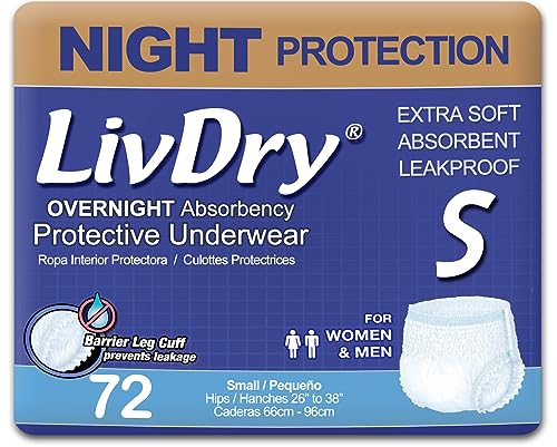 LivDry Adult S Incontinence Underwear, Overnight Comfort Absorbency, Leak Protection, Small, 72-Pack