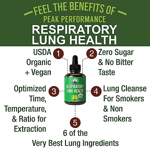 USDA Organic Lung Cleanse For Better Respiratory Health. 6-in-1 Liquid Drops Vegan Supplement For Lungs with Mullein Leaf, Marshmallow Root. Detox For Smokers And Non Smokers. No Sugar Tonic Tincture