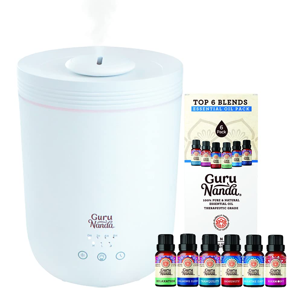 GuruNanda Aromatherapy Diffuser Kit - Halo XL Humidifier and Set of 6 Essential Oil Blends - Breathe Easy, Tranquility, Harmony, Sleep, Relaxation, Immunity (15 ml x 6)