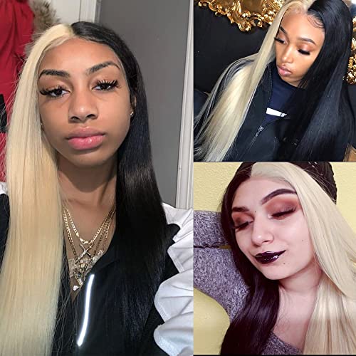 Synthetic Lace Front Wigs Heat Resistant Fiber Long Straight Hair Replacement Wig for Women Cosplay Party Show (Half Black Half Blonde, 24 inch)