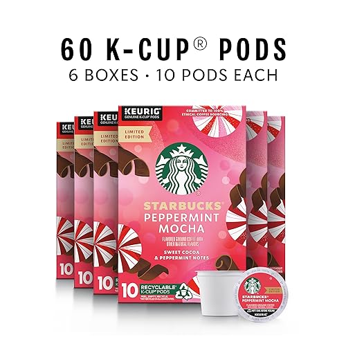Starbucks K-Cup Coffee Pods, Peppermint Mocha Naturally Flavored Coffee for Keurig Brewers, 100% Arabica, Limited Edition Holiday Coffee, 6 Boxes (60 Pods Total)