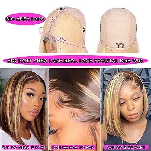 Hd Transparent Glueless P4/27 Highlight Bob Wig Human Hair 13X4 Frontal Lace Wig Ombre Brown Honey Blonde Highlight Blunt Cut Bob Wig Human Hair Lace Front Pre Plucked With Baby Hair Natural Hairline For Black Women (12 Inch, P4/27 Highlight 13X4 Straight