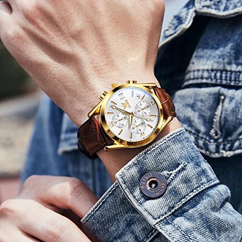 OLEVS Mens Watches Leather Band Luxury Dress Chronograph Watch Casual Waterproof Gold and Blue Watches for Men Relojes para Hombres