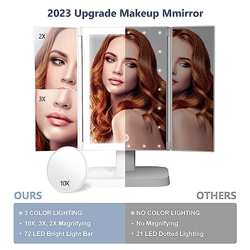 Lighted Makeup Mirror with 3 Color Lighting, Makeup Mirror with Extra Round 10X Magnifying Mirror, 72 LED Vanity Mirror, 10x 3X 2X Magnification, Touch Control, Dual Power Supply, Gift for Woman