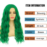 Beweig Long Curly Wavy Green Wig for Women Middle Part Costume Cosplay Wig Synthetic Hair Replacement Wig