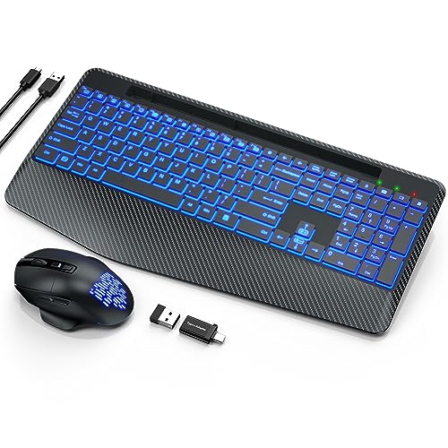 Choiana Keyboard and Mouse Wireless Combo with 7 Changeable Backlits Color, Wrist Rest, Jiggler Mouse, Phone Holder, Ergonomic Quiet Rechargeable Cordless Mouse Keyboard Set for Windows, PC, Laptop