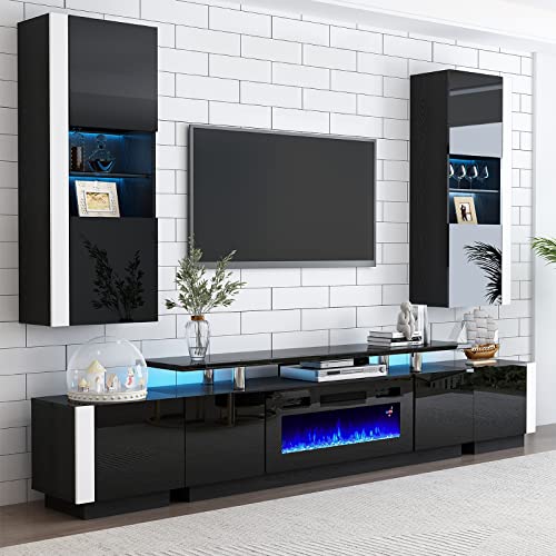 AMERLIFE 110" Large Fireplace TV Stand Set with 36" Electric Fireplace, Includes 70" 2-Tier Fireplace TV Stand, 2 x End Tables, Modern High Gloss TV Console with LED Light for Living Room, Black