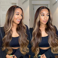 Ombre Blonde #4/27 Natural Body Wave 13X4 HD Transparent Lace Front Wigs With Baby Hair 150% Density Human Wig Glueless Pre-Plucked Hair Replacement Wig Black Woman 14 Inches