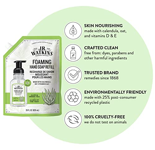 J.R. Watkins Foaming Hand Soap Refill, Moisturizing Foam Hand Wash, All Natural, Alcohol-Free, Cruelty-Free, USA Made, Aloe Green Tea, 28 fl oz, 3 Pack