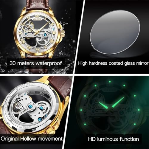 OLEVS Skeleton Watches for Men Automatic Self Winding Mechanical Luxury Dress Brown Leather Waterproof Luminous Men Wrist Watch