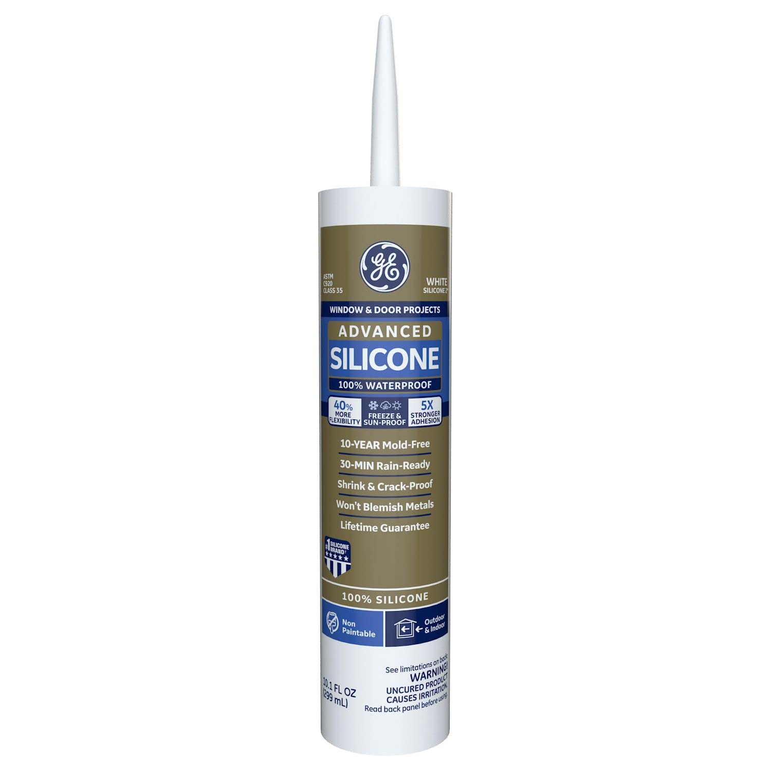 GE Advanced Silicone Caulk for Window & Door - 100% Waterproof Silicone Sealant, 5X Stronger Adhesion, Shrink & Crack Proof - 10 oz Cartridge, Clear, Pack of 1