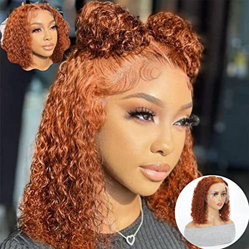 UKASI Ginger Bob Wig 13x4 HD Lace Frontal Wigs Human Hair Deep Wave Lace Front Wig For Women 180% Density 100% Human Hair Pre Plucked with Baby Hair Ginger Bob Front Human Hair Wig 10 Inch