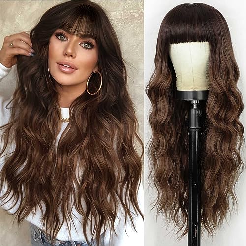 Lativ Brown Wig with Bangs Long Wavy Wig with Dark Roots for Women Curly Wavy Wig Synthetic Fiber Natural Looking Hair Replacement Wig for Daily Party Use 26 Inches