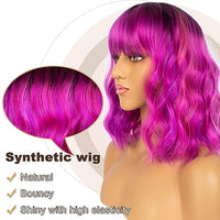 LANCAINI Colourful Short Bob Wigs with Bangs for Women Loose Wavy Wig Curly Wavy Shoulder Length Bob Synthetic Cosplay Wig for Girl Colorful Costume Wigs, Black-Rose mixed Purple