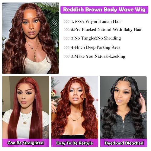 13x4 Body Wave Lace Front Wigs Human Hair 180% Density Reddish Brown Wig Transparent HD Lace Wigs Human Hair Pre Plucked With Baby Hair For Black Women Glueless Wigs Human Hair 22 inch