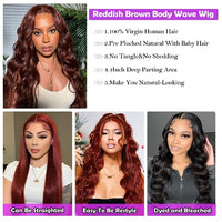 13x4 Body Wave Lace Front Wigs Human Hair 180% Density Reddish Brown Wig Transparent HD Lace Wigs Human Hair Pre Plucked With Baby Hair For Black Women Glueless Wigs Human Hair 22 inch