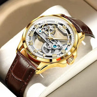 OLEVS Skeleton Watches for Men Automatic Self Winding Mechanical Luxury Dress Brown Leather Waterproof Luminous Men Wrist Watch